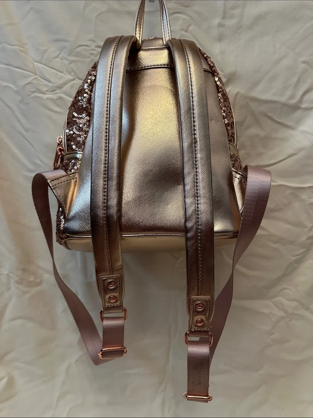 DISNEY PARKS Loungefly Rose Gold Sequin Mini Backpack with Metallic Bow